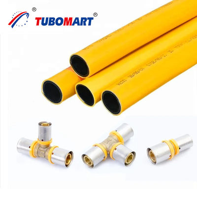 OEM হলুদ PEX ফিটিং ব্রাস গ্যাস পাইপিং সিস্টেম 16-32MM সমান সকেট PEX প্রেস ফিটিং